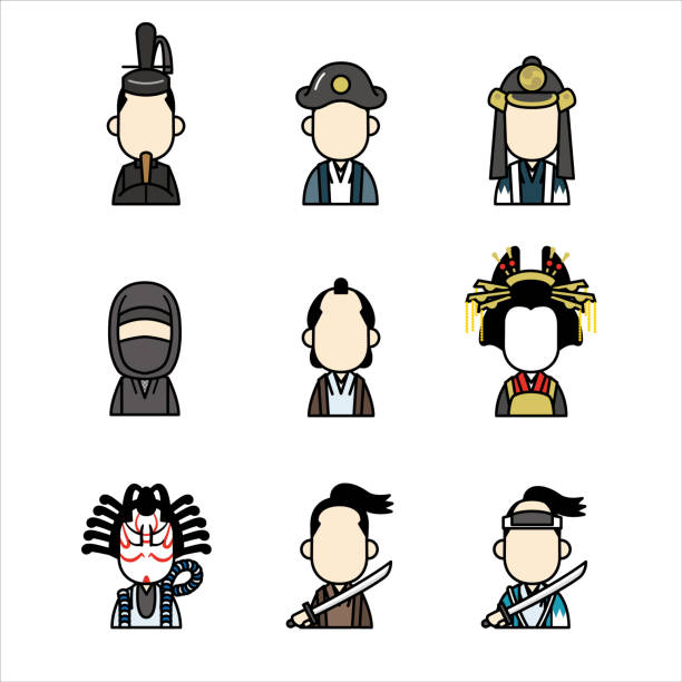 Set of Japanese history pictogram - Edo Period Collection of icons of people in the Edo period oiran stock illustrations