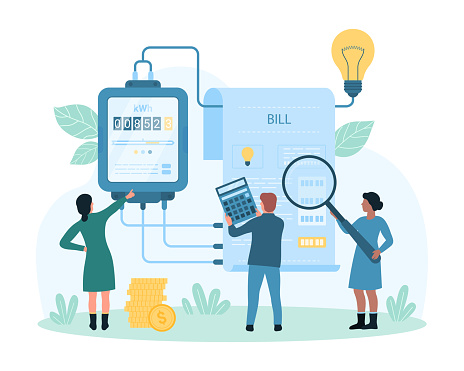 Electricity bill payment and inspection vector illustration. Cartoon tiny people holding magnifying glass and calculator to check readings of electric meter, pay per kilowatt and energy consumption