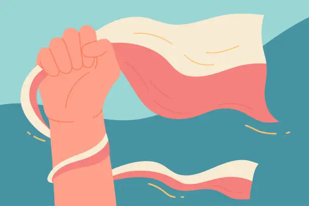 Vector illustration of Strong hand with wavy flag vector illustration. Fist rising in protest concept