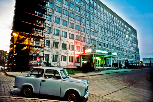 (Former East) Berlin, Germany Street Scenes, Archive Photos, 1990s, Old Office Building East/West Cooperation, Trabant Car