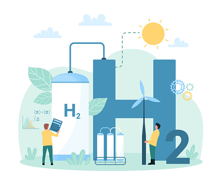 Green hydrogen production in H2 fuel plant, infographic vector illustration. Cartoon tiny people use renewable energy sources, wind turbine and chemical hydrogen station to produce electricity