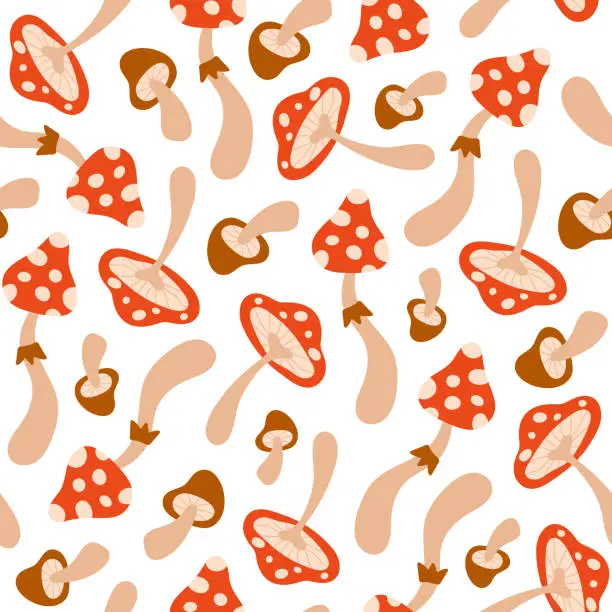 Vector illustration of Floral seamless pattern with cute mushrooms on a white background