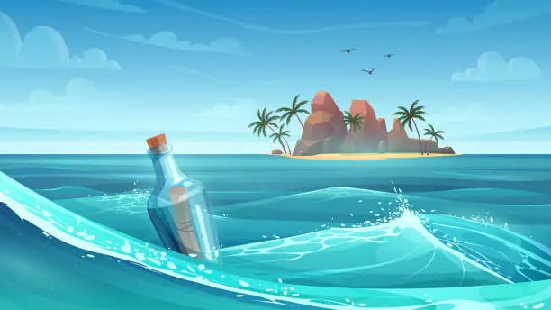 Vector illustration of Tropical sea landscape with glass bottle floating in water to uninhabited island