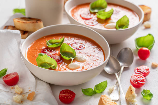 istock Tasty tomato soup with mozzarella cheese and crostini. 1625313239