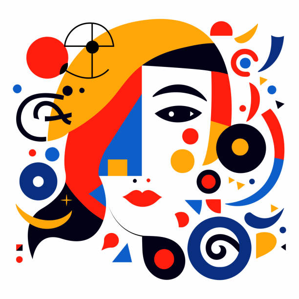 ilustraciones, imágenes clip art, dibujos animados e iconos de stock de rostro abstracto retro de mujer que consiste en figuras, líneas, óvalos, cuadrados. - cubismo