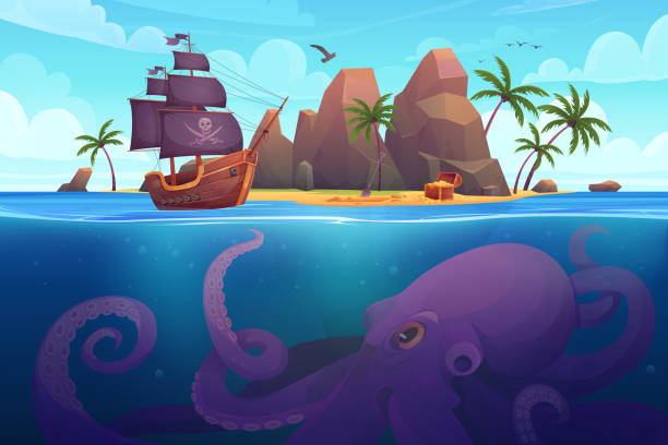 illustrations, cliparts, dessins animés et icônes de paysage insulaire tropical avec bateau pirate naviguant pour le trésor et la pieuvre sous-marine - pirate corsair cartoon danger