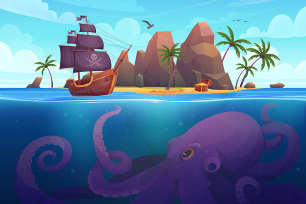 illustrazioni stock, clip art, cartoni animati e icone di tendenza di paesaggio tropicale dell'isola con nave pirata che naviga per il tesoro e il polpo sottomarino - pirate corsair cartoon danger