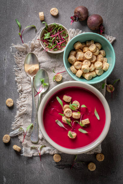 istock Hot borsch soup with cream and croutons. 1625313809