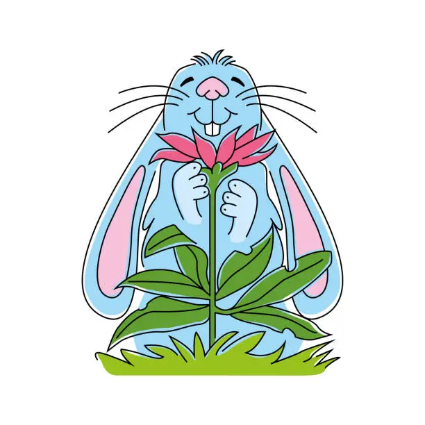 Vector illustration of Bunny Smelling a Fragrant Flower