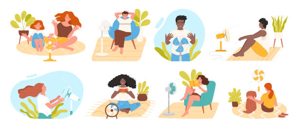 People enjoy fresh air flow of electric fan in summer heat, sitting in front of blower People enjoy fresh air flow of electric fan in summer heat vector illustration. Cartoon male and female characters sitting in front of blower on floor or in armchair, reading book, eating watermelon black man eating watermelon stock illustrations