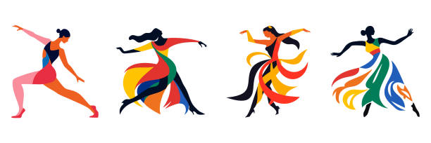ilustraciones, imágenes clip art, dibujos animados e iconos de stock de set silueta de mujeres abstractas danzantes ilustración vectorial. - silhouette people dancing the human body