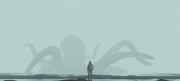 Kraken tentacles paranormal nautilus hazmat suit foggy lake shoreline beach sea coast 3d illustration render digital rendering