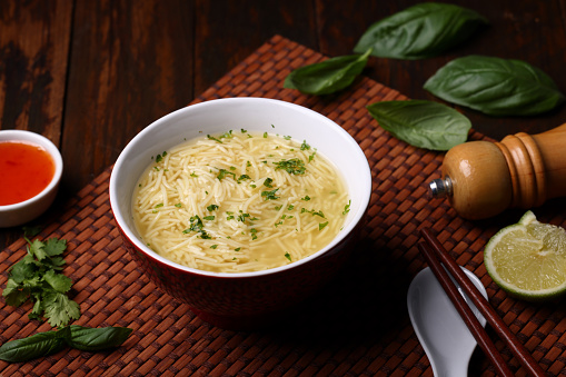 Vermicelli pasta with various savoury dishes