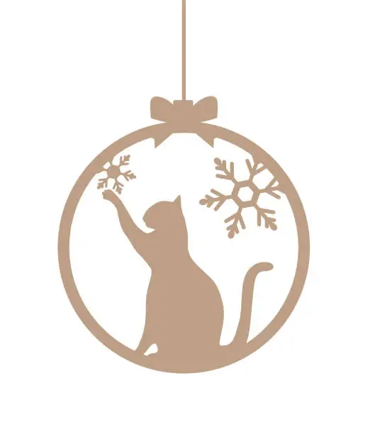 Vector illustration of Christmas ball with Silhouette of cat and snowflakes. Round template for gift and interior. Vector Holiday composition for laser cutting, paper cutting, wood, metal. EPS10.