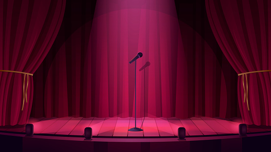 Empty theater or night club stage for comedy standup show vector illustration. Cartoon scene for music, comic live performance with lights in center and microphone on stand, classic red curtains