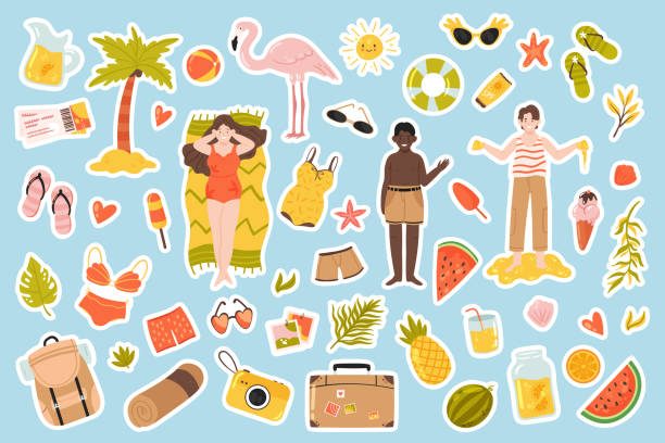 Summer holidays stickers set, cute tropical travel beach collection and sunbathing people Summer holidays stickers set vector illustration. Cartoon isolated cute tropical travel beach collection with sunbathing characters, drink and exotic fruit, fashion sunglasses and swimsuit, starfish tanning stickers stock illustrations