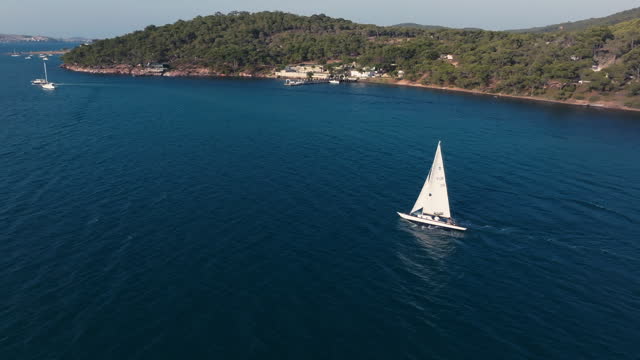 Aerial view of fast sailing boat