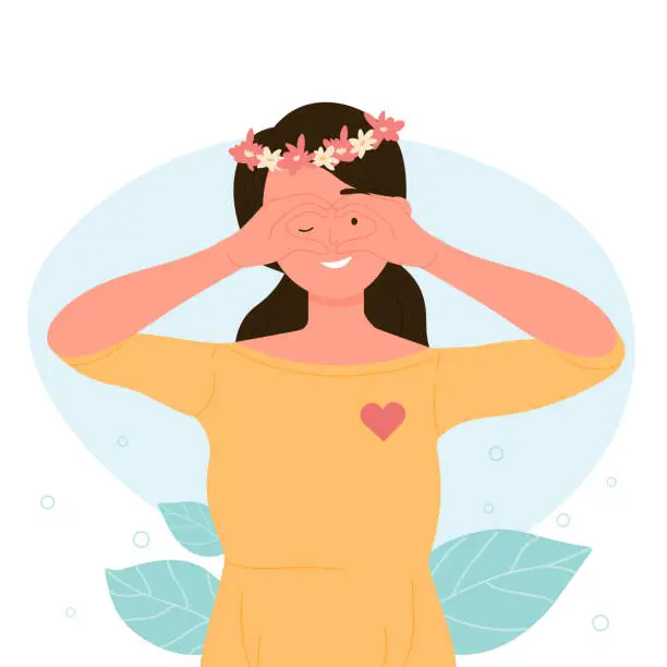 Vector illustration of Cartoon woman with wreath of flowers on head with heart showing gesture of love