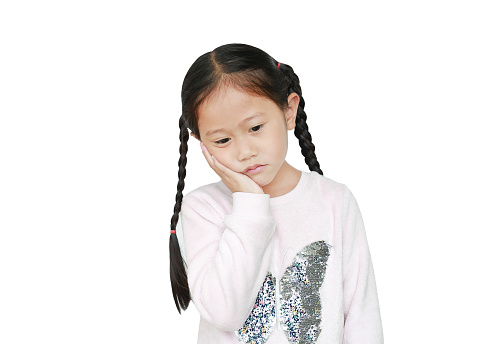 Serious and sad Asian little child girl with posture her hand on cheek isolated over white background.