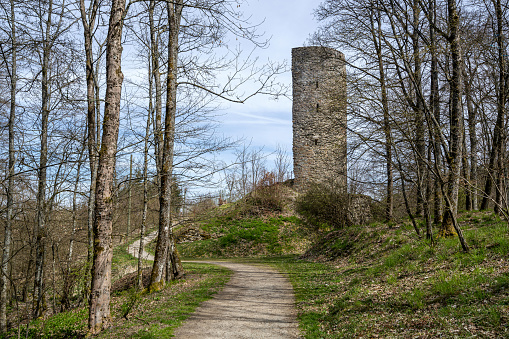 Castle ruin Waldenburg at the Biggesee reservoir near Attendorn, Germany. It is is the oldest non-sacral monument in the district of Olpe.