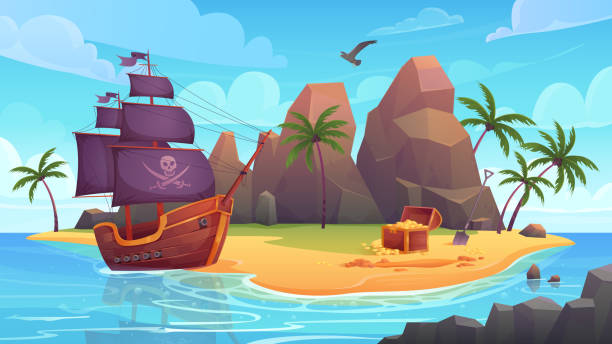 istock Pirate island with ship and treasure chest on sea beach, marine adventure background 1625343071