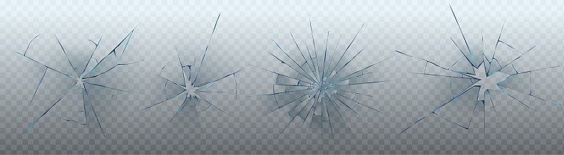 Window glass crack texture vector effect isolated object on transparent background. Realistic broken windshield hole frame. Abstract destruction mirror fragment pattern. Burglary or robbery damage set