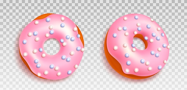3d realistic pink donut isolated vector sweet icon illustration isolated on transparent background. Glaze on food dessert for part or breakfast. Fried delicious birthday icing bakery snack design