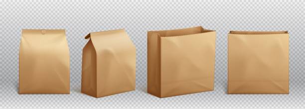 braunes papier-lunch-vektor-lebensmittel-bastelbox-paket - paper bag brown paper recycled paper vector stock-grafiken, -clipart, -cartoons und -symbole