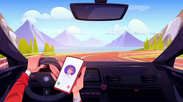 Vector illustration of Female hands driving car and holding smartphone