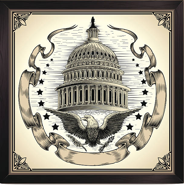 Vintage picture of U S Capitol Dome U.S. Capitol Dome with Coat of arms government drawings stock illustrations
