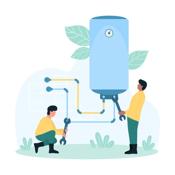 ilustrações, clipart, desenhos animados e ícones de serviço de reparo de aquecedor de água de pequenos engenheiros e encanadores com vazamento de fixação de chave inglesa - water heater gas boiler furnace broken