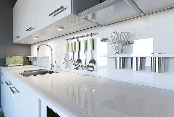3 d bild von eine moderne weiße küche sauber innenarchitektur - domestic kitchen stock-fotos und bilder