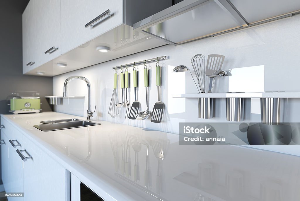 3d image of a modern white kitchen clean interior design Kitchen Stock Photo