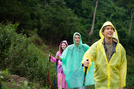 Group of friends in raincoats walking on the forest path, Hiking concept.