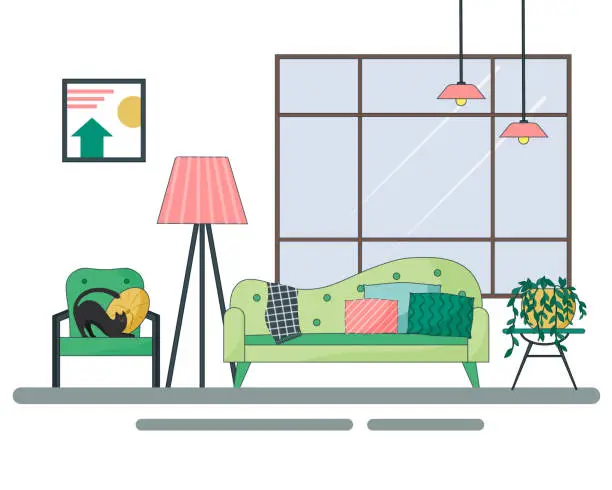Vector illustration of Cozy living room with a window. Modern interior. Sofa and armchair, tosher and potted plants.