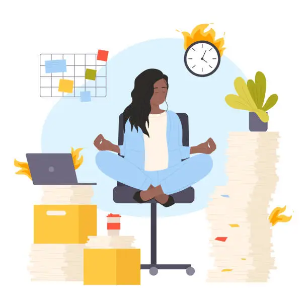 Vector illustration of Bureaucracy, problem of deadline and paperwork organization, woman sitting in lotus pose