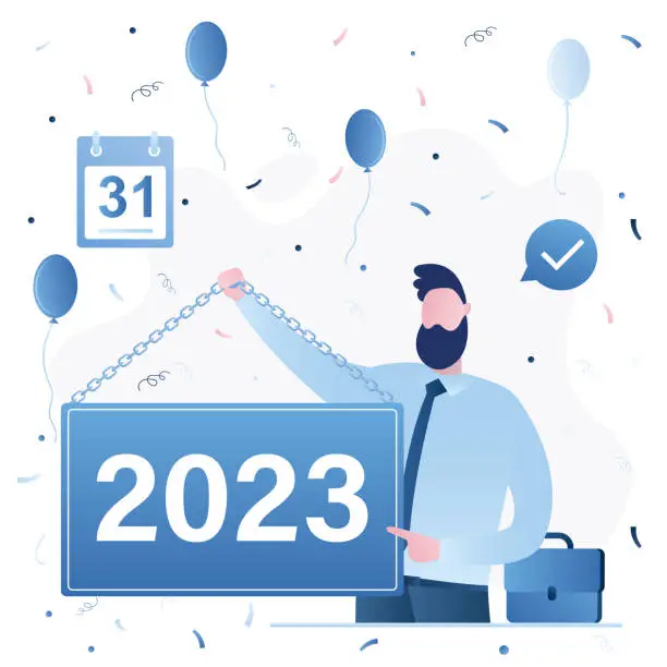 Vector illustration of Businessman celebrating new 2023 year. Funny party, handsome man closeup. Happy male character holds board with year numbers. Balloons and confetti on background. 31 December.