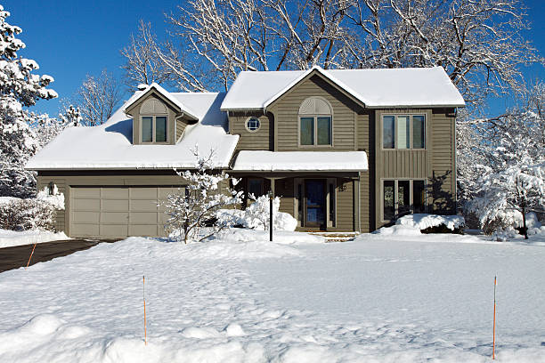 교외 식민지 하우스 겨울 인공눈 - driveway winter white horizontal 뉴스 사진 이미지
