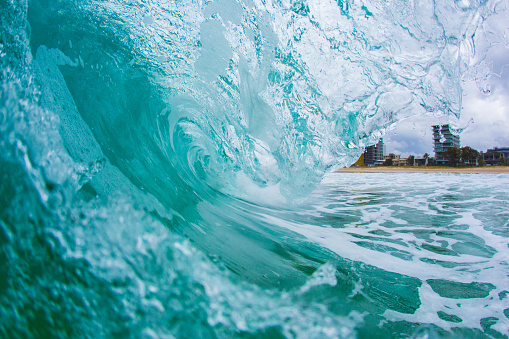 Surfing wave in Atlantic ocean. Crashing perfect wave