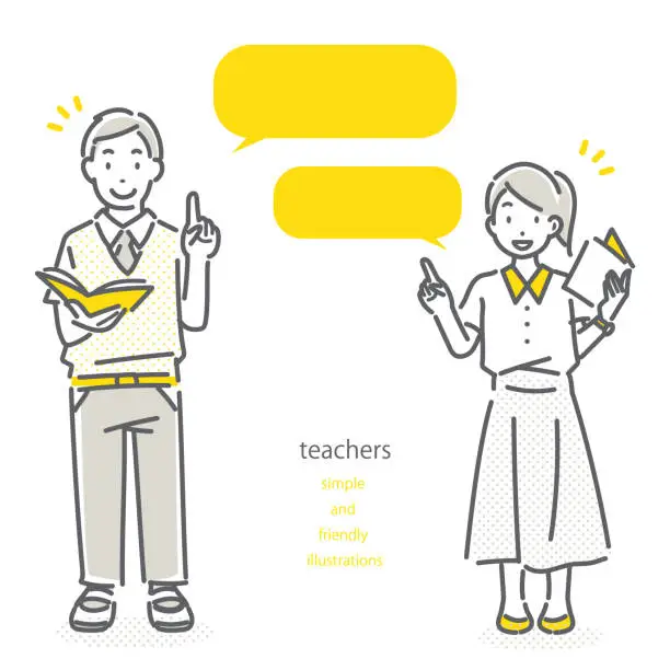 Vector illustration of cheerful young teachers, simple line illustration