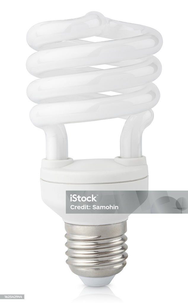 Bombilla de ahorro de energía de luz fluorescente en blanco - Foto de stock de Blanco - Color libre de derechos