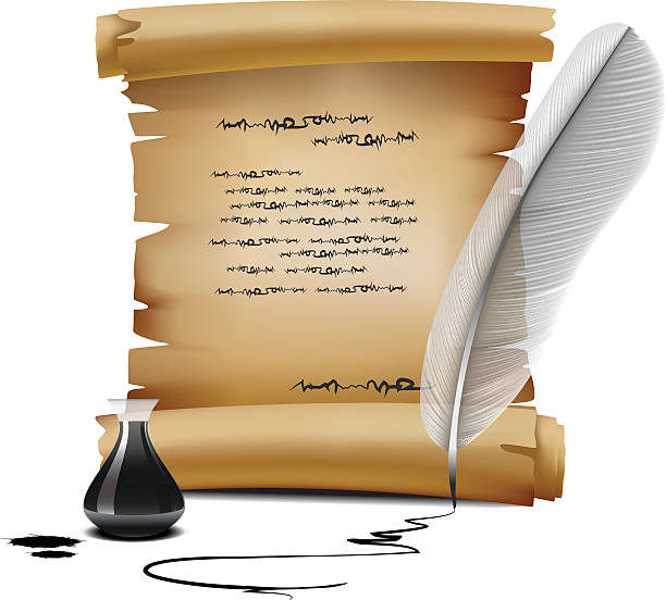 old writing vector eps10 file of feather and old paper, ink writing, transparency used. clip art of scroll quill stock illustrations