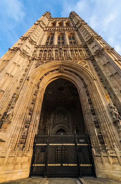 historic victoria tower landmark and entrance to the british parliament buildings in london