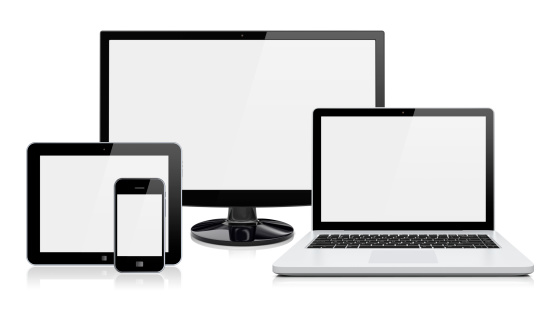 Computer monitor, laptop, tablet pc,  and mobile smartphone with a blank screen. Isolated on a white. 3d image .