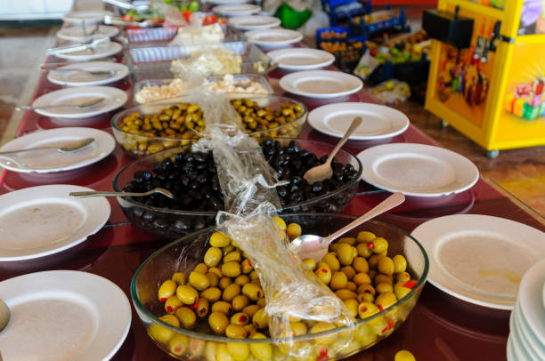 Bowls of olives at a roadside cafe buffet