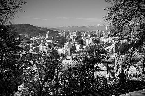 Snowy Ljubljana in black &amp; white stock photo