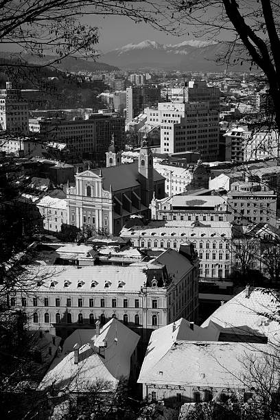 Snowy Ljubljana in black &amp; white stock photo