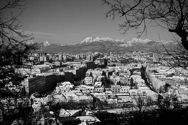 Snowy Ljubljana in black &amp; white stock photo