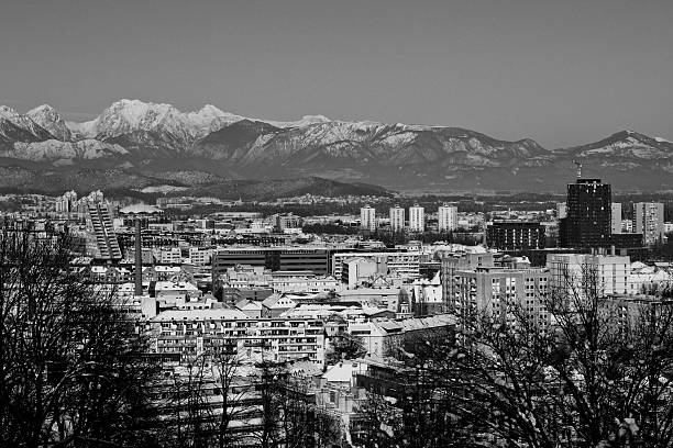 Snowy Ljubljana in black &amp; white stock photo