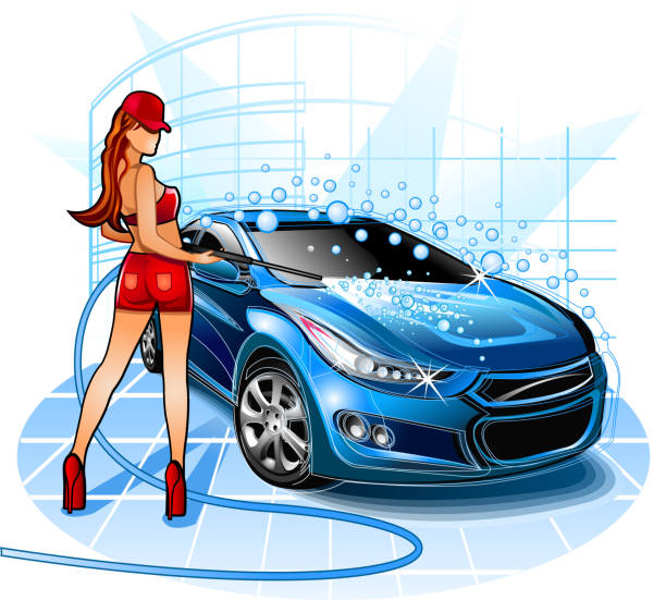 illustrations, cliparts, dessins animés et icônes de jeune fille se laver voiture avec marques de bataille - car cleaning blue water